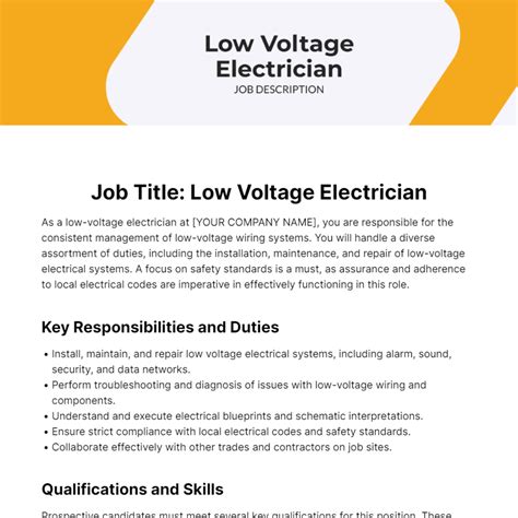 lv electrician job description|low voltage job description.